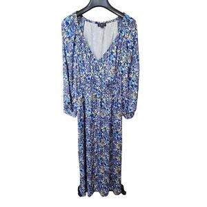 J. Crew Blue Yellow Fete Floral Print V Neck Cottage Core Midi Dress size S